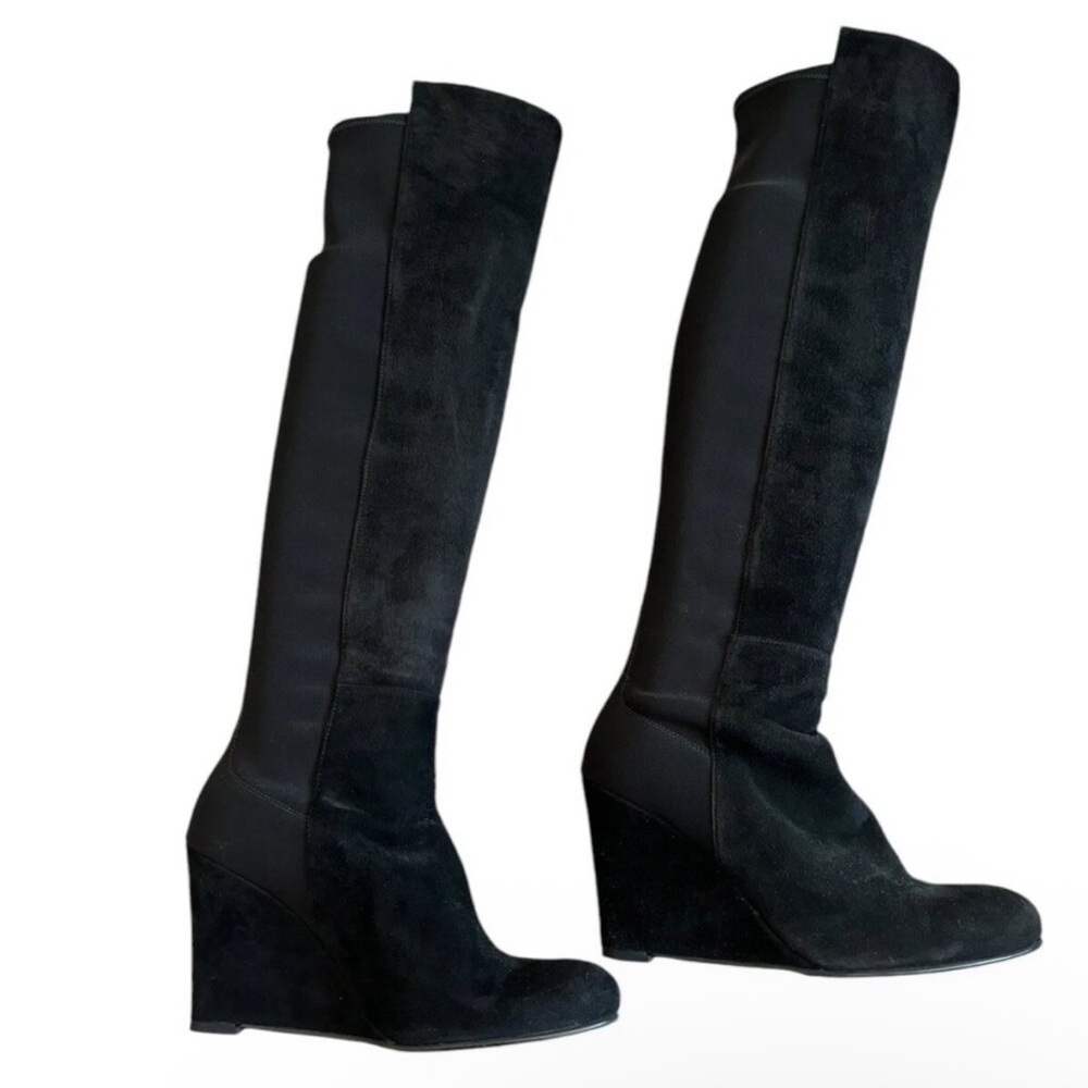 Stuart Weitzman Black Suede Over the Knee Boots wedge heel size 7
